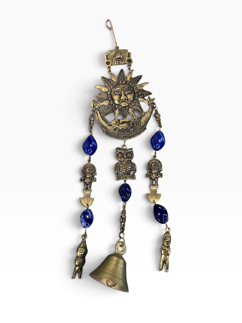 Vintage Brass Folk Art Celestial Sun Face Hanging Bell with Blue Beads & Owl
